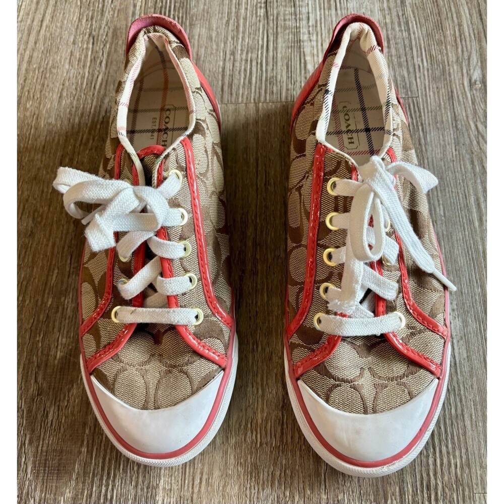 Coach Barrett Monogram Khaki Brown Pink Canvas Low Top Sneaker Tennis Shoe 7.5B - Picture 3 of 10